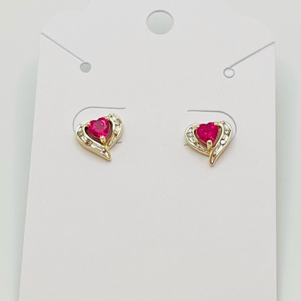 14KT Yellow Gold Ruby & Diamond Heart Shape Prong Set Stud Earrings